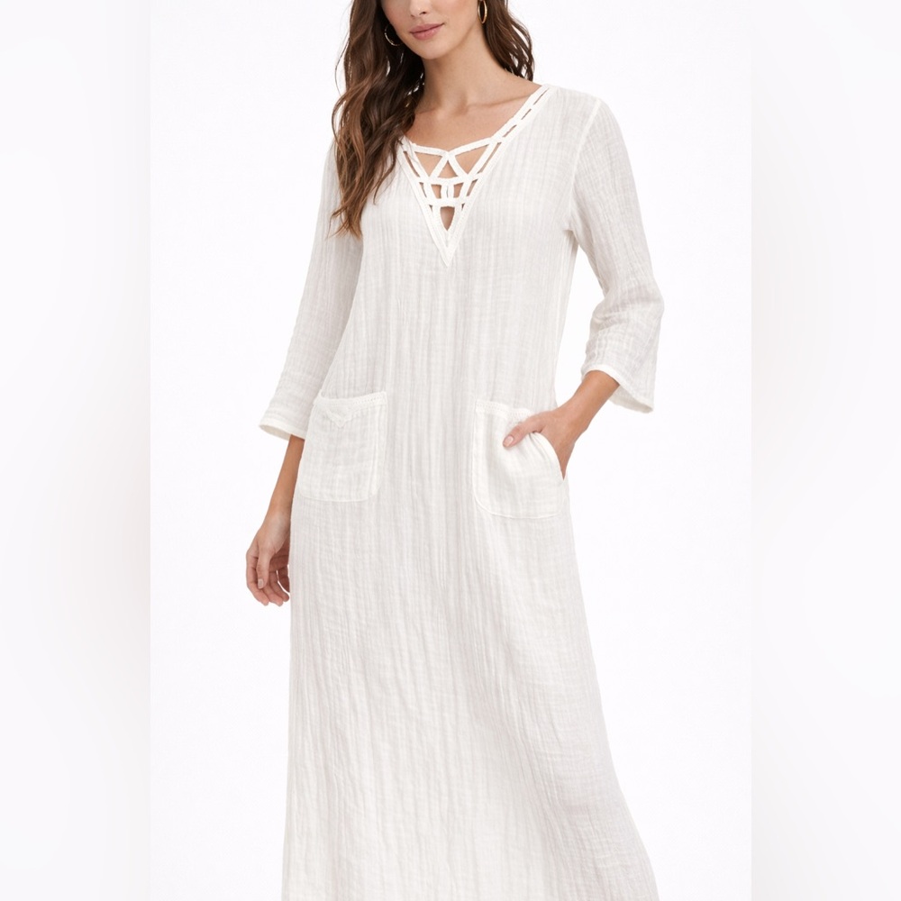 Leon Max Limited Edition White Gauze Maxi Dress Crochet Lace V-Neck Small NWT